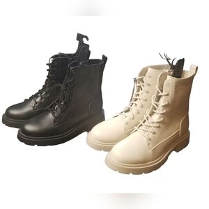 2 New Pairs Of Lace Up Combat Boots Cream And Black Shoe Bundle
